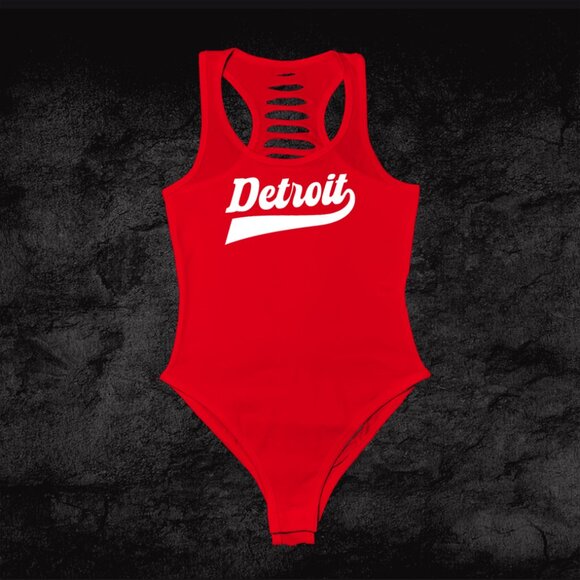 Red/White Detroit Handmade Bodysuit,  Outfit, Custom cut Clothes, Michigan Sport - Picture 1 of 3